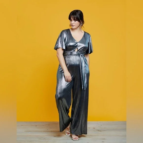 Refinery29 x ELOQUII disco hipster Party Silver Metallic V-Neck Jumpsuit R29 14 - Picture 1 of 16